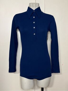 Vintage 70s Navy Blue Dagger Collar Knit Long Sleeve Bodysuit